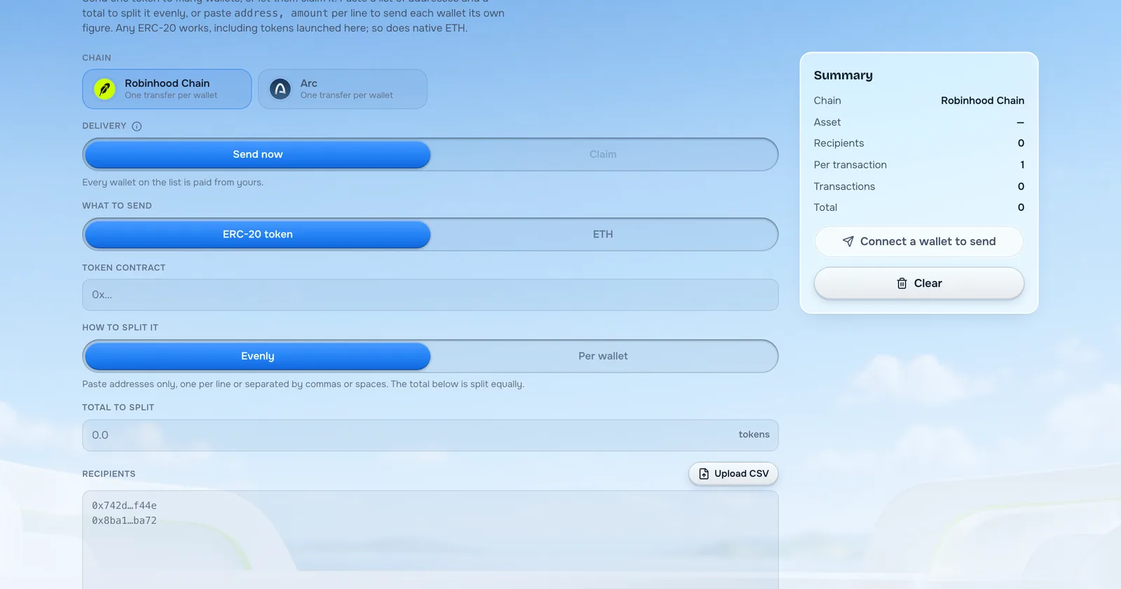 The Runitup airdrop page, where you send one token to many wallets